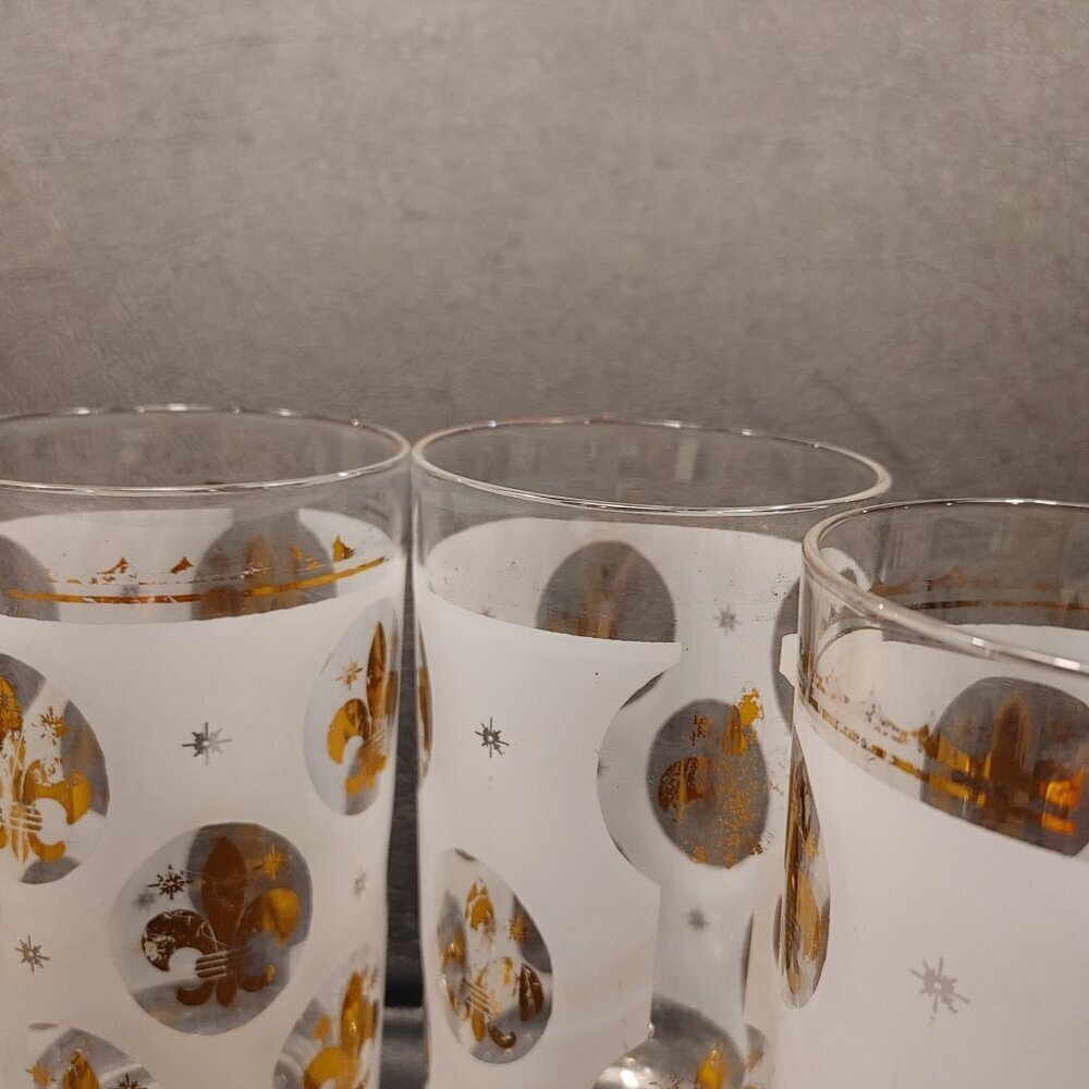 Libbey Highball Glasses Frosted Fleur de Lis Gold Rim 1950s Set of 6 - Picture 6 of 10